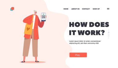 Dijital Hijyenik Geçiş İniş Şablonu. Kıdemli Kadın Koronavirüs Sertifikası Göster Qr Kod, Aşıyı Ekranda Göster