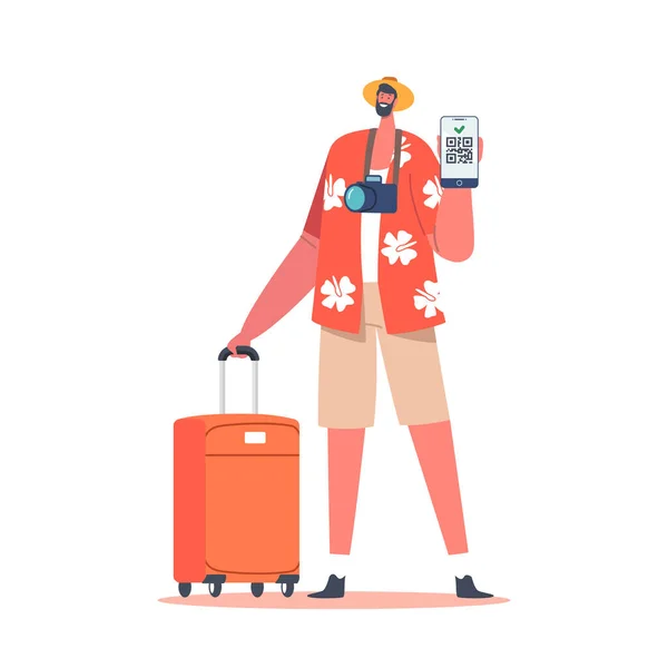 Junger Reisender mit Koffer zeigt Qr-Code der Covid-19-Impfung oder Reiseerlaubnis auf Telefondisplay, Sanitärausweis — Stockvektor