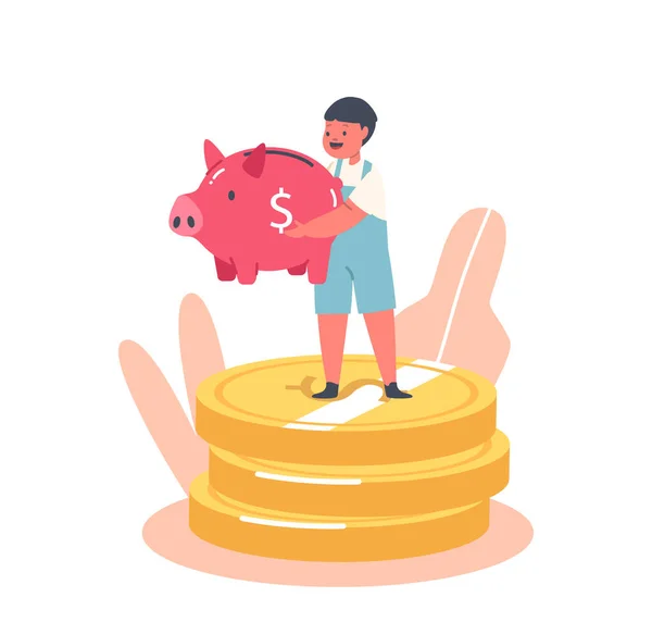 Маленький ребенок стоит на огромной куче денег с хрюшкой в руках. Бэби-персонаж с копилкой, сбережениями и деньгами — стоковый вектор