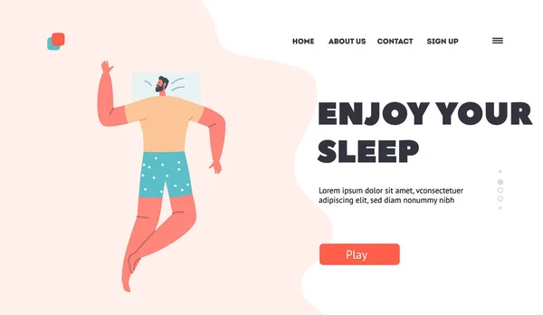 Male Character Enjoy Sleeping in Relaxed Posture Landing Page Template. 피곤 한 사람 이 침대에 누워 누워 누워 잠을 자는 모습 — 스톡 벡터