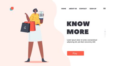 Daha fazla İniş Şablonu Biliyoruz. Afrika Kadın Karakteri Cep Telefonu Ekranında Qr Kodu Göster. Dijital Sertifika