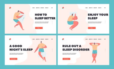 Erkekler Farklı Uyuyan Pozisyonlar İniş Sayfa Şablonu 'nda Uyuyor ya da Rahatlıyor. Erkek Karakteri Yatağın Üstü Görünümünde Uzanıyor