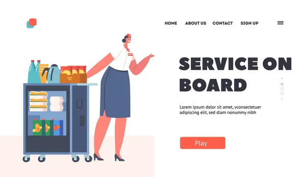 Service on Board Landing Page Template. Flugbegleiter, Airline-Personal, Stewardess schieben Trolley mit Getränkehalterung — Stockvektor