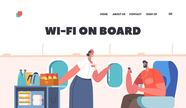 Wi-fi di Papan Pendaratan Laman Templat. Cabin Plane with Stewardess and Passenger Gunakan Smartphone, Air Hostess with Cart - Stok Vektor