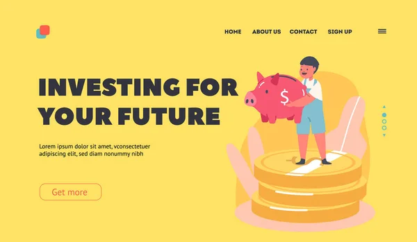 Invertir para una plantilla de landing page futura. Niño de pie en la pila de dinero enorme con alcancía en las manos. Bebé con Moneybox — Vector de stock