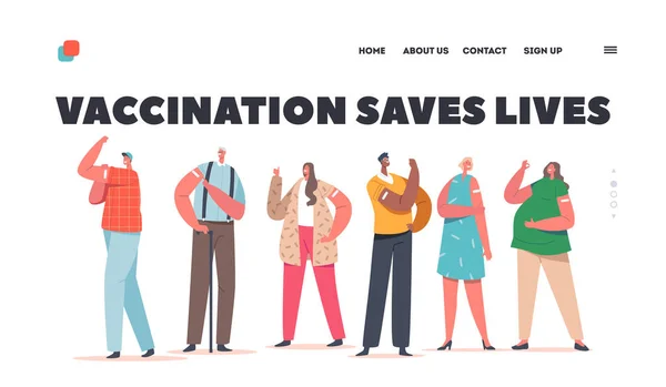 Diversos personajes masculinos y femeninos Plantilla de página de aterrizaje de vacunación. Inmunización, Concepto de Atención Médica — Archivo Imágenes Vectoriales