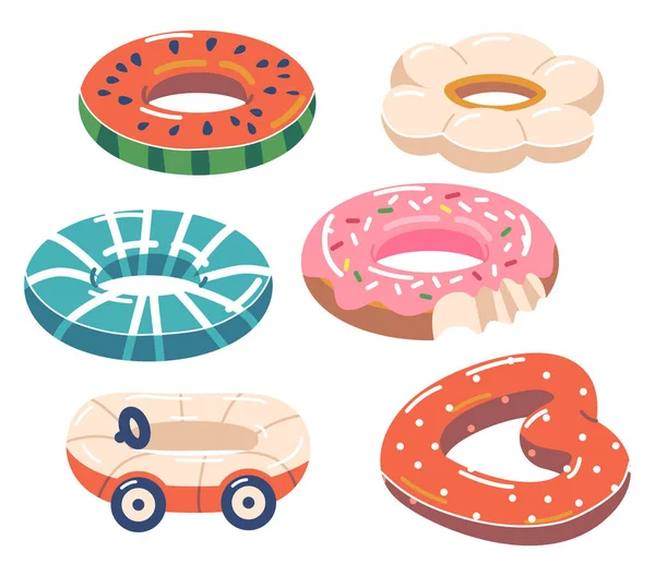 Set med uppblåsbara ringar Vattenmelon, Bil, Blomma, Donut och hjärta Isolerad på vit bakgrund. Leksaker för vattenpark — Stock vektor