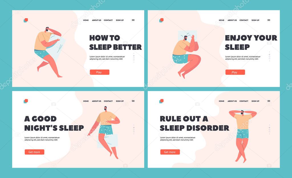 Men Sleep or Relaxing in Different Sleeping Poses Landing Page Template Set. Male Character Lying in Bed Top View