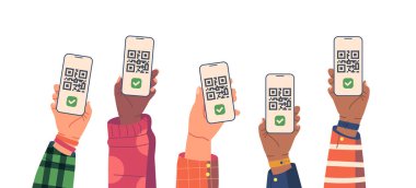 Aşılanmış Farklı Milletlerin Erkek ve Kadın Elleri Telefonları Ekranda QR Kodu ile Tutuyor. Aşı Pasaportu
