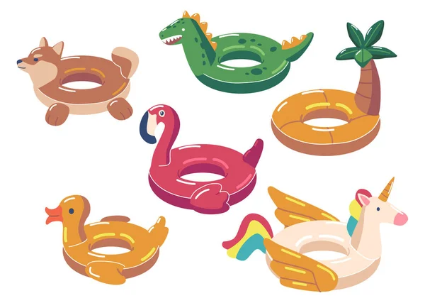 Set Schwimmringe, Gummi bunte aufblasbare stilvolle moderne Accessoires für Kinder und Erwachsene. Rosafarbener Flamingo, — Stockvektor