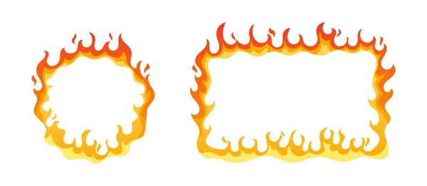 Quadrado e redondo Quadros com chamas de fogo, Cartoon Burning Gás Fronteiras com faíscas Isolado Elementos de Design. Anel de circo —  Vetores de Stock