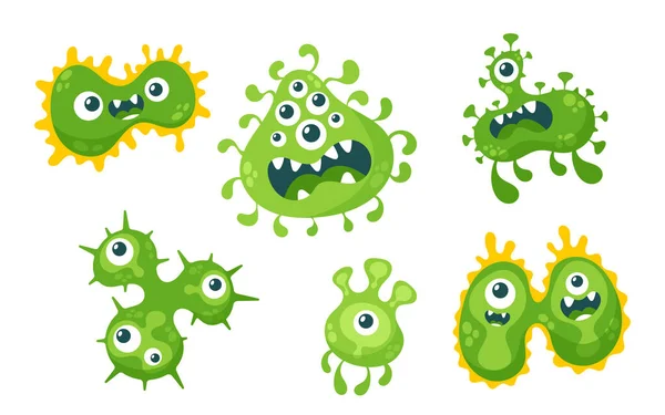 Sada roztomilých bakterií, bakterií a virů Cartoon Characters, Funny Toothy Pathogen Microbe Monsters, Green Cells — Stockový vektor