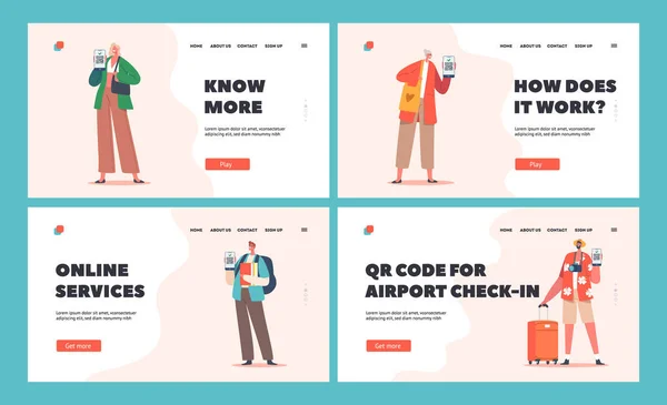 People Show Certificates with Qr Code on Device Screen Landing Page Template Set (dalam bahasa Inggris). Paspor Kesehatan Perempuan Vaksinasi - Stok Vektor