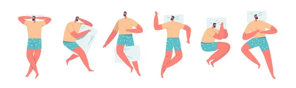 पुरुष संच झोपणे किंवा विविध झोपण्याच्या पोझमध्ये आरामदायक, पुरुष वर्ण उशी आणि ब्लॅंकेटसह बेड टॉप दृश्य मध्ये झोपणे — स्टॉक व्हेक्टर
