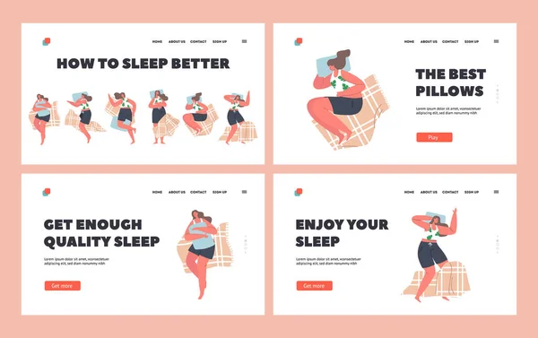 Sonno notturno Relax Landing Page Set di modelli. Posizioni di sonno femminili, ragazza sdraiata a letto in varie posizioni comode — Vettoriale Stock