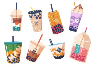 Yeşil çay ve köpüklü kahve seti. Paket Plastik ya da Lid ve Straw ile Cam Kupa 'da Soğuk İçecek Sıçratma