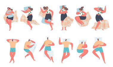 Set of Men and Women Sleeping Poses, People Lying in Bed Top View. Nighttime Relaxation, Characters Wear Pajama Sleep vector Set of Men and Women Sleeping Poses, People Lying in Bed Top View. Nighttime Relaxation, Characters Wear Pajama Sleep vector