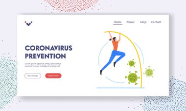 Coronavirus Önleme İniş Sayfa Şablonu. İş kadını Karakteri Patojenler Üzerine Atlama Çubuğu Atlaması