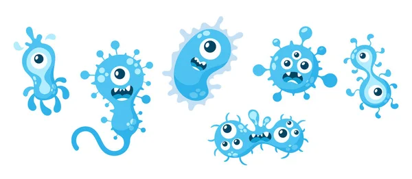 Set Cartoon Virussen, Bacteriën, Microben en Kiemen Karakters met Grappige Glimlachende Gezichten. Geïsoleerde blauwe pathogene cellen — Stockvector