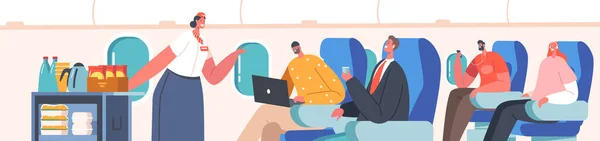 Стюардесса с тележкой обслуживающей людей сидит на стульях в эконом-классе самолетов. Экипаж самолета и пассажиры в самолете — стоковый вектор