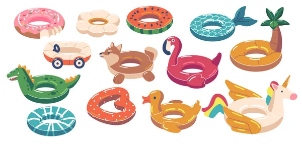 Gumigyűrűk, egyszarvú, kacsa, szív és görögdinnye, sárkány, flamingó, pálma vagy autó fánkkal. Úszás belső cső — Stock Vector