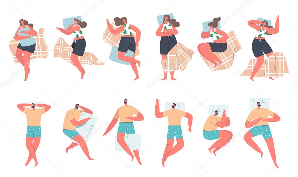 Set of Men and Women Sleeping Poses, People Lying in Bed Top View. Nighttime Relaxation, Characters Wear Pajama Sleep