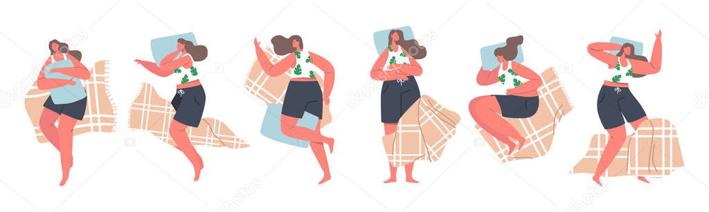 Female Character Sleeping Poses, Girl Lying in Bed in Various Comfortable Positions Top View. Woman Bedtime, Nighttime