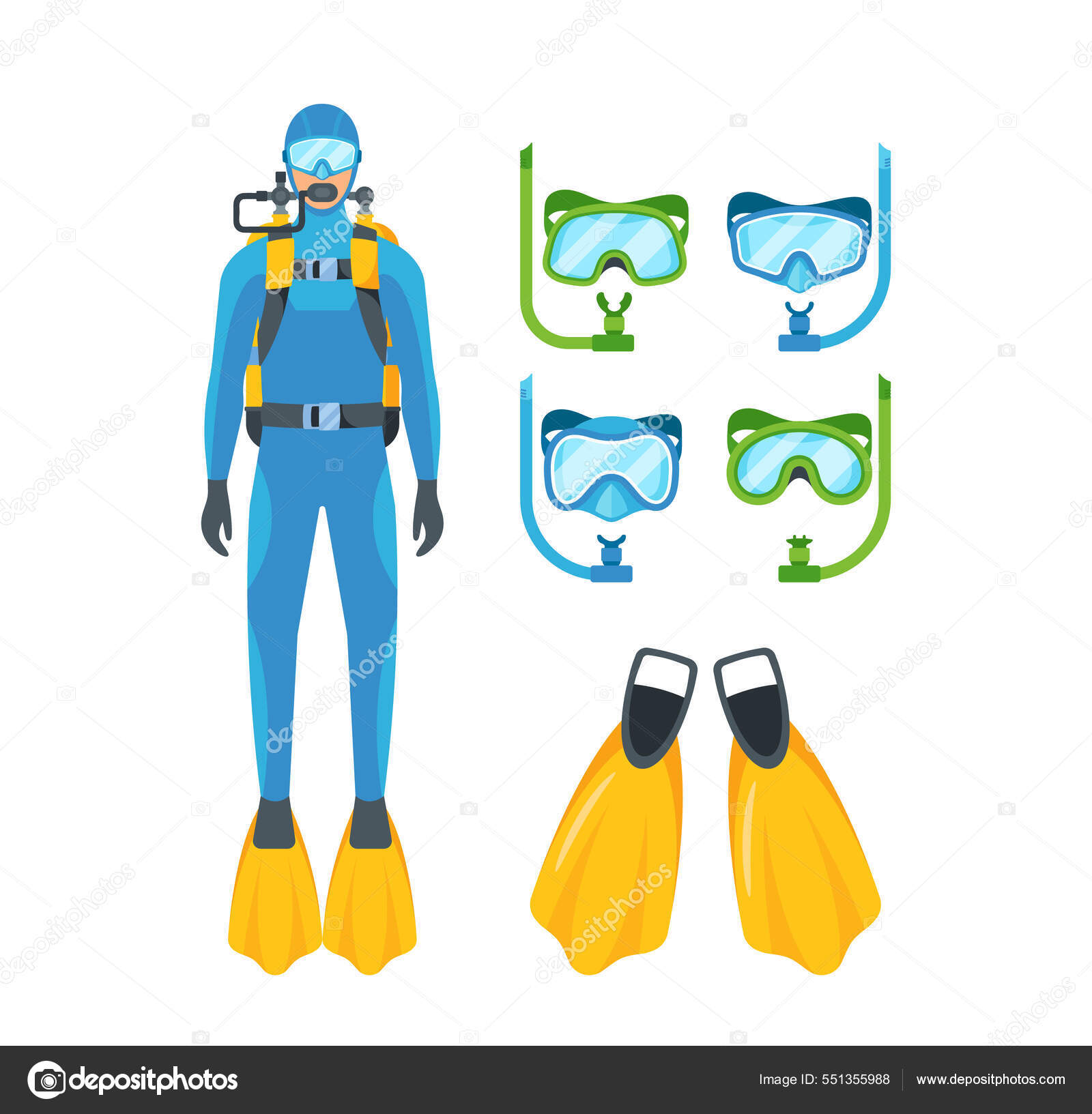 Set of Icons Snorkeling Masks, Scuba Diving Equipment Design Elements. Diver  Wear Costume, Glasses and Balloons Stock Vector by ©vectorlab 551355988