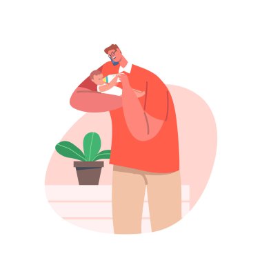 Babam yeni doğmuş bebeği elinde şişeyle besliyor. Bekar Baba Çocuk Yetiştirme İzni Karakteri