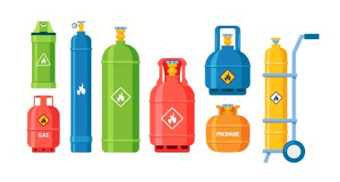 Benzin ve Yakıt Depolama Simgeleri Koleksiyonu. Lpg ve Oxygen ile kutular, silindirler, tanklar ve balonlar. Petrol Endüstrisi