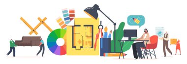 Dijital Sanat, İç Tasarım Yaratıcı Meslek Konsepti. Dev Daire Düzeninde Küçük Grafik Tasarımcı Karakterleri