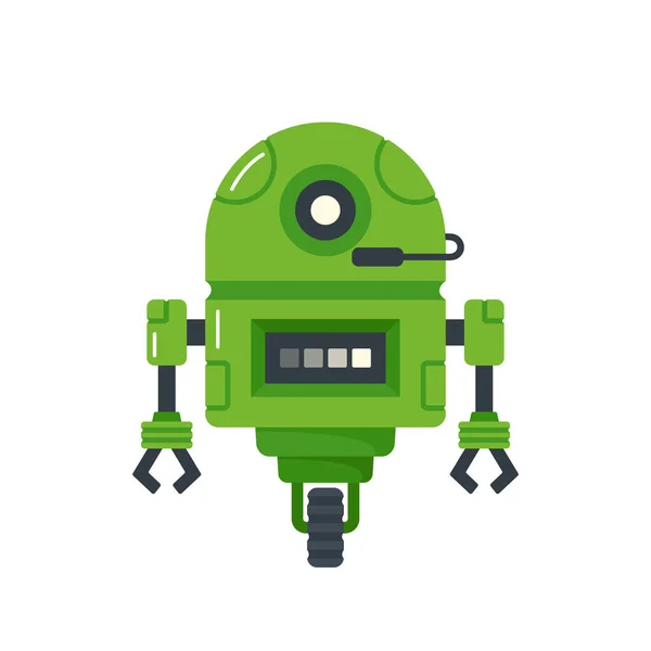 Mini Cyborg, Ai Robot Karakter. Kecerdasan Buatan Hijau Bot dengan Mata Glow, Mikrofon, Roda dan Claws - Stok Vektor