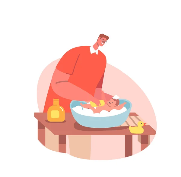 Father on Maternity Leave Washing Newborn Baby in Bath Tub. Loving Dad Character Care of Infant Lathering with Foam — Stock Vector