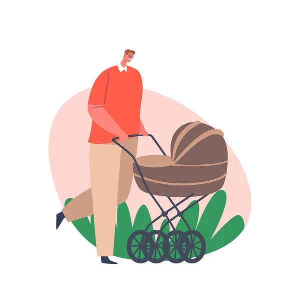 Papá en licencia por maternidad, concepto de padre soltero. Young Dad y Little Baby en Stroller Walk Together. Hombre con niño — Vector de stock