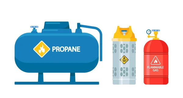 Serie di bombole di gas per icone, bombole di gas Lpg, contenitori cilindrici e serbatoi con gas compressi liquefatti — Vettoriale Stock