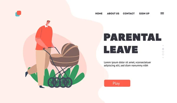 Parental Leave Landing Page Template. Отец в декретном отпуске, отец-одиночка, папа-младенец и малыш в прогулке на коляске — стоковый вектор