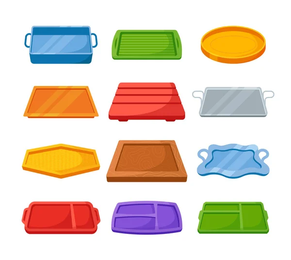 Set Empty Plastic, Metal and Wooden Trays, Takeout Items. Serving Trays for Home Kitchen, Caterer Food, Office Parties — Stock Vector