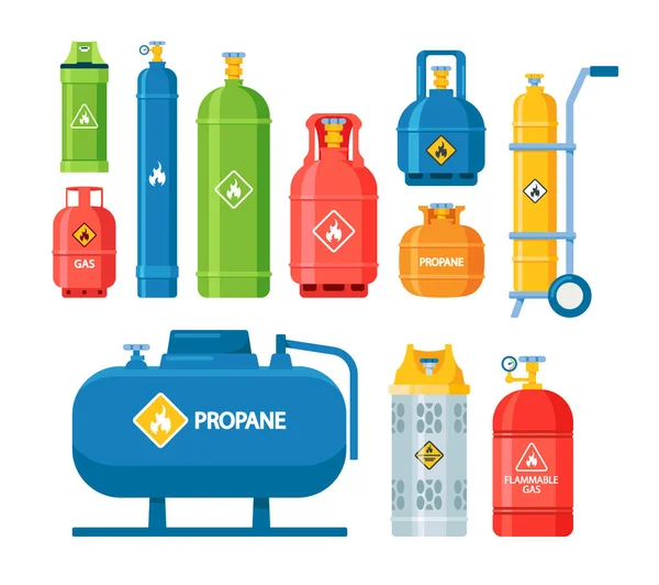 Conjunto de tanques y cilindros de gas Iconos con oxígeno comprimido, líquido inflamable peligroso de propano aislado en blanco — Vector de stock