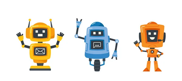 Mini robots y androides humanoides, personajes de Cyborg Chatbot, juguetes o bots, máquinas de inteligencia artificial — Vector de stock