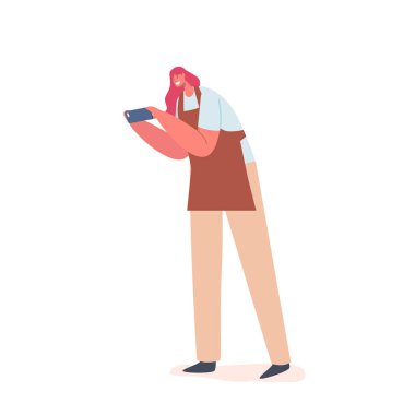 Yemek Blog Konsepti. Kadın Blogger Karakteri Önlük Giyin Akıllı Telefon 'da Hazırlanmış Tabağın Fotoğrafını Çekin
