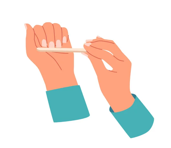 Las manos de la mujer archivan las uñas aisladas sobre fondo blanco. Cuidado del Carácter Femenino del Cuerpo Aplicar Belleza y Cosméticos Procedimiento — Vector de stock