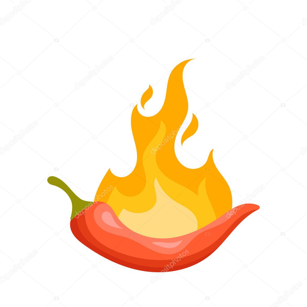Red Hot Chili Pepper in Fire Isolated on White Background. Spicy Jalapeno, Chilli Flaming Spice, Design Element for Condiment Label, Capsicum Level, Chilly Burning. Cartoon Vector Illustration