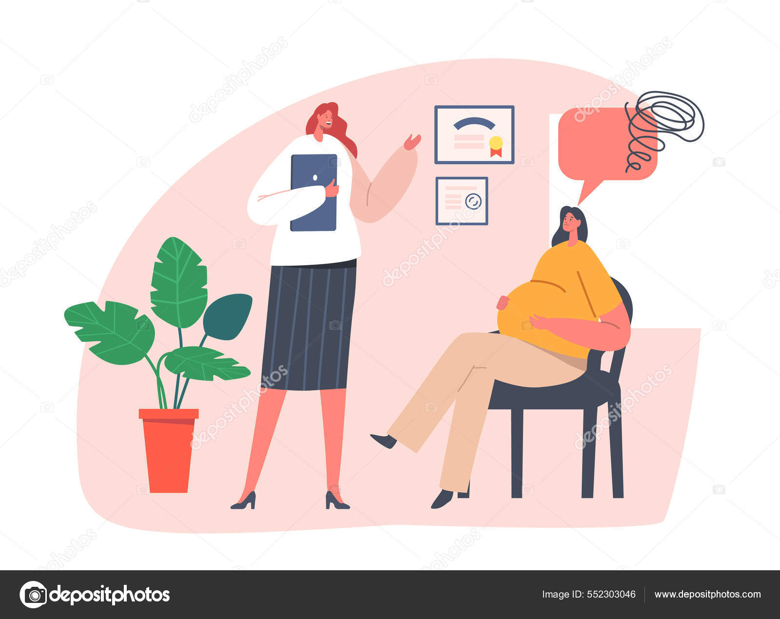 Psychological Support for Pregnant Woman Coach and Pregnant Female Characters Sitting on Chair Psychological Support for Pregnant Woman Coach and Pregnant Female Characters Sitting on Chair