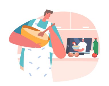 Video Blog 'da Erkek Karakter İzleme Kursu, Bowl' da Erkek Hamur Karıştırma Dinleme Yemek Blogcusu Nasıl Yemek Yapılacağını Söyler