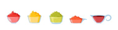 Farklı soslar seti. Acı biber, ketçap, Soya, Wasabi, Hardal, Guacamole, Jalapeno Baharat Bileşenleri Cam Dip Bowl 'a
