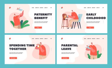 Bekar Baba Yükselen Çocuk İniş Sayfa Şablonu Seti. Baba Oğlu Besler, Yemek Yapar, Yürüyen Çocukla Oynar. Mutlu Aile Vakti