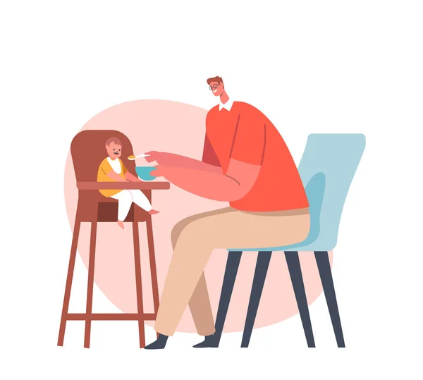 Papà nutrire il bambino con cucchiaio, bambino sedersi in seggiolone speciale. Padre Impegnato nell'educazione del bambino. Little Kid fa colazione — Vettoriale Stock