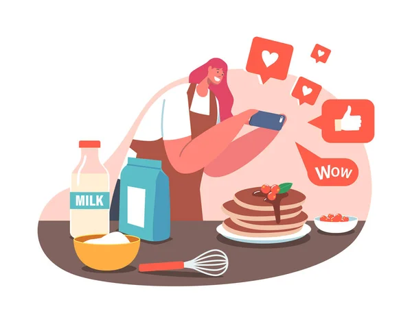 食物博客概念。使用智能手机的女性博客角色为视频博客拍摄一张准备好的Dish照片 — 图库矢量图片