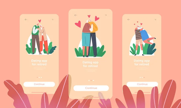 Dating-Anwendung für mobile App-Seite im Ruhestand Onboard Screen Template. Glückliche alte Männer und Frauen beim Umarmen — Stockvektor