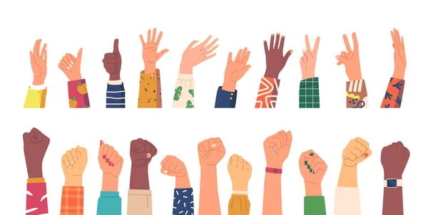 Ensemble de mains humaines gestuelles, bras de personnages divers exprimant des émotions avec les paumes et les doigts. Mains noires et blanches — Image vectorielle